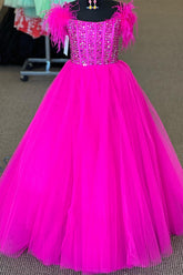 Dressime A Line Tulle Cold-Shoulder Feather Long Girl Pageant Dress With Beaded