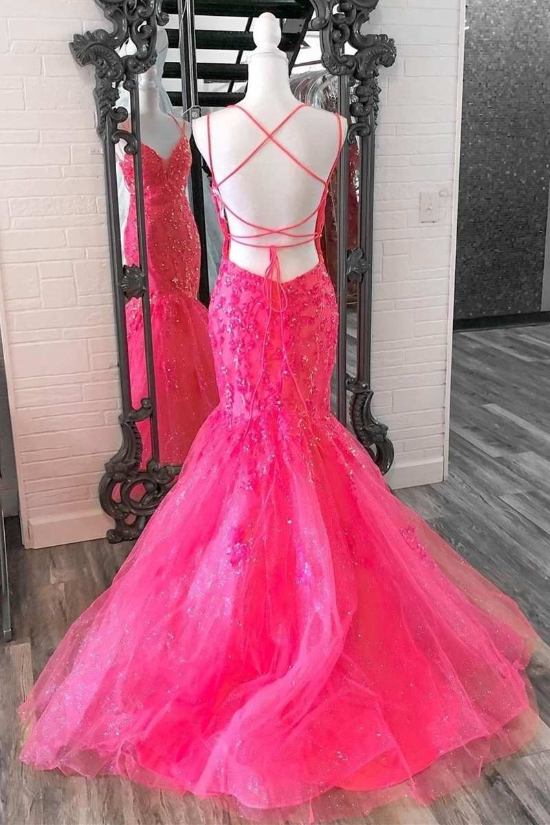 Dressime Mermaid V Neck Tulle Trumpet Long Prom Dress With Lace Appliques