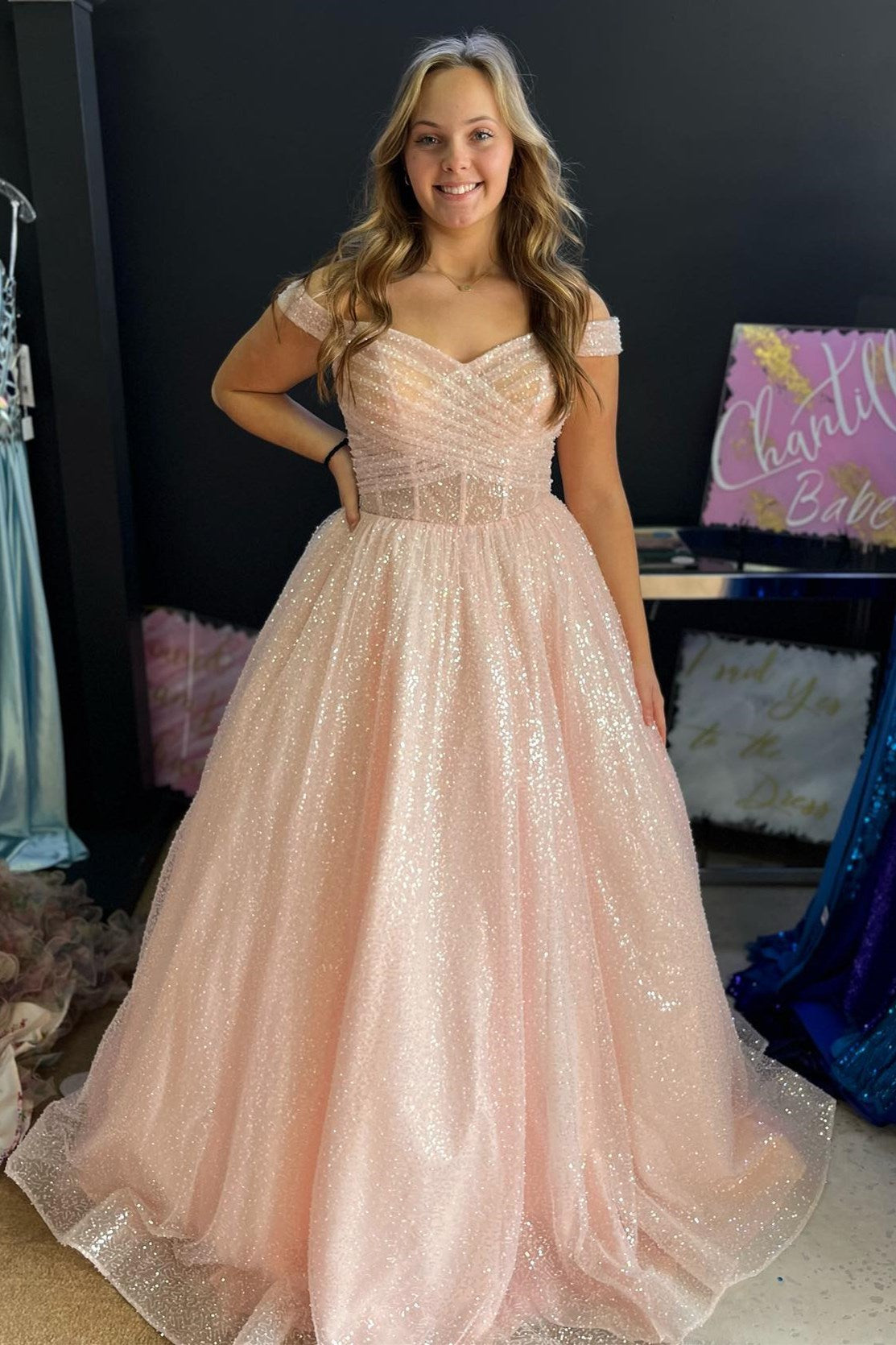 Dressime Sparkly Off-the-Shoulder Surplice Long Prom Dress