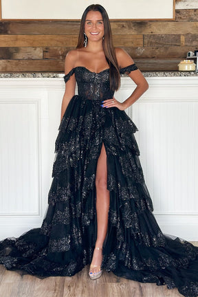 Dressime A Line Off-the-Shoulder Appliques Tiered Ruffle Tiered Long Prom Dresses