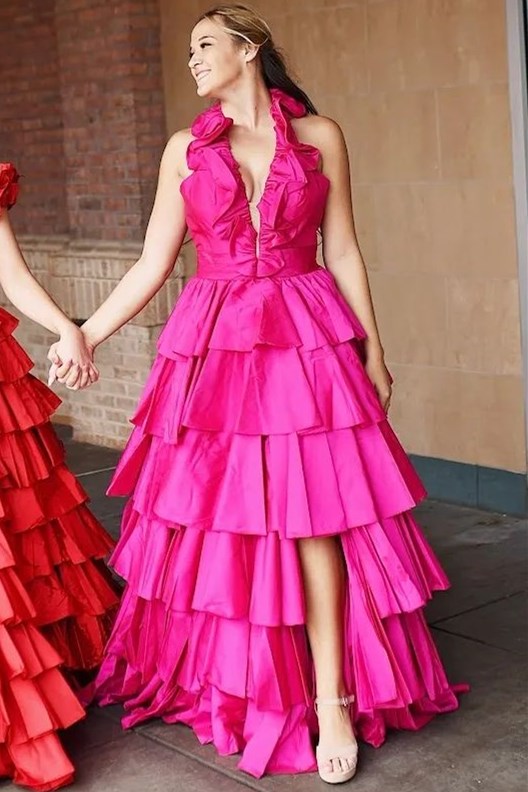 Dressime A Line Plunge V Ruffle Tiered Long Prom Dress with Slit