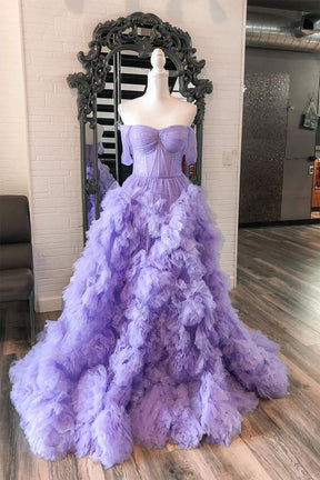 Dressime A Line Tulle Off-the-Shoulder Tiered Long Prom Dress with Ruffles