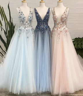 Dressime A Line Tulle V Neck Appliques Long Prom Dresses With Beads