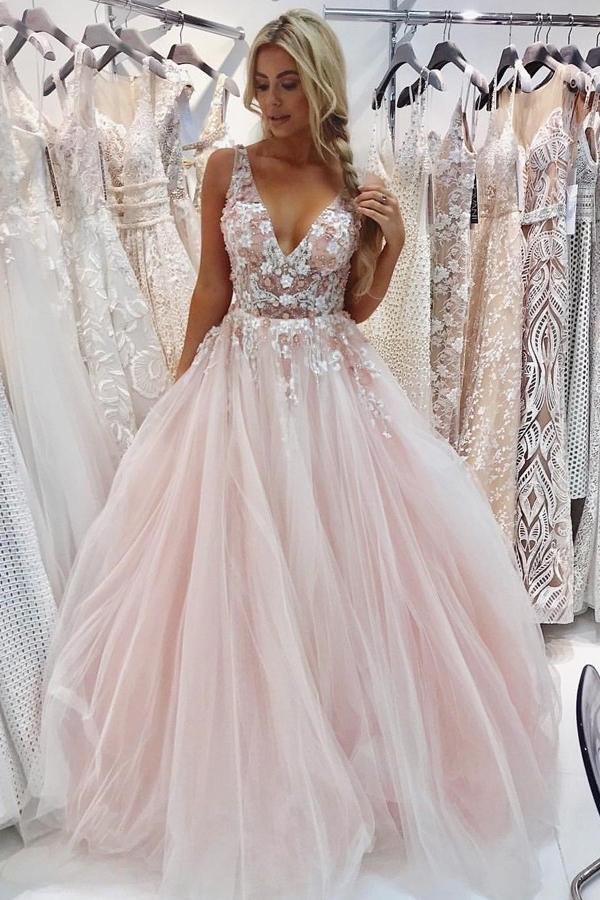 Dressime A Line Tulle V Neck Appliques Long Prom Dresses With Beads