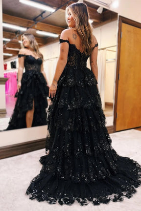 Dressime A Line Off-the-Shoulder Tulle Appliques Tiered Ruffle Long Prom Dress
