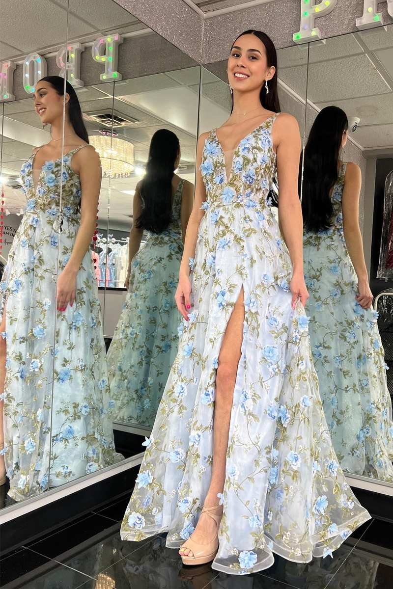 Dressime A-Line Organza Plunge V Neck Long Prom Dress with 3D Floral Lace dressime