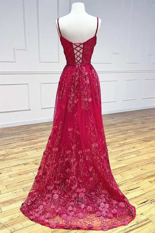 Dressime A Line Plus Size V Neck Floral Prom Dresses With Slit dressime