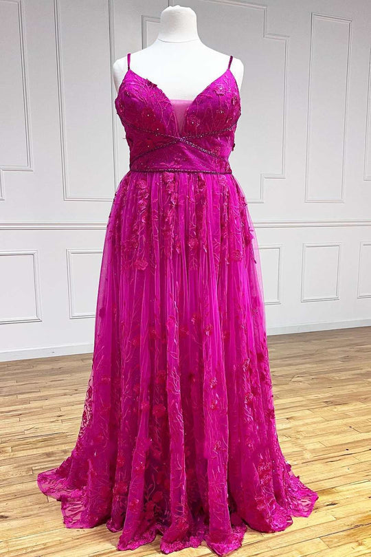 Dressime A Line Plus Size V Neck Floral Prom Dresses With Slit dressime