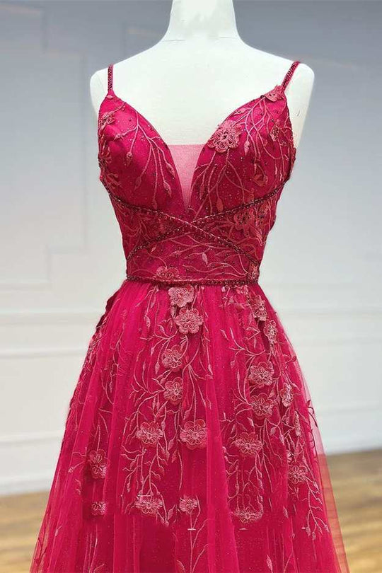 Dressime A Line Plus Size V Neck Floral Prom Dresses With Slit dressime