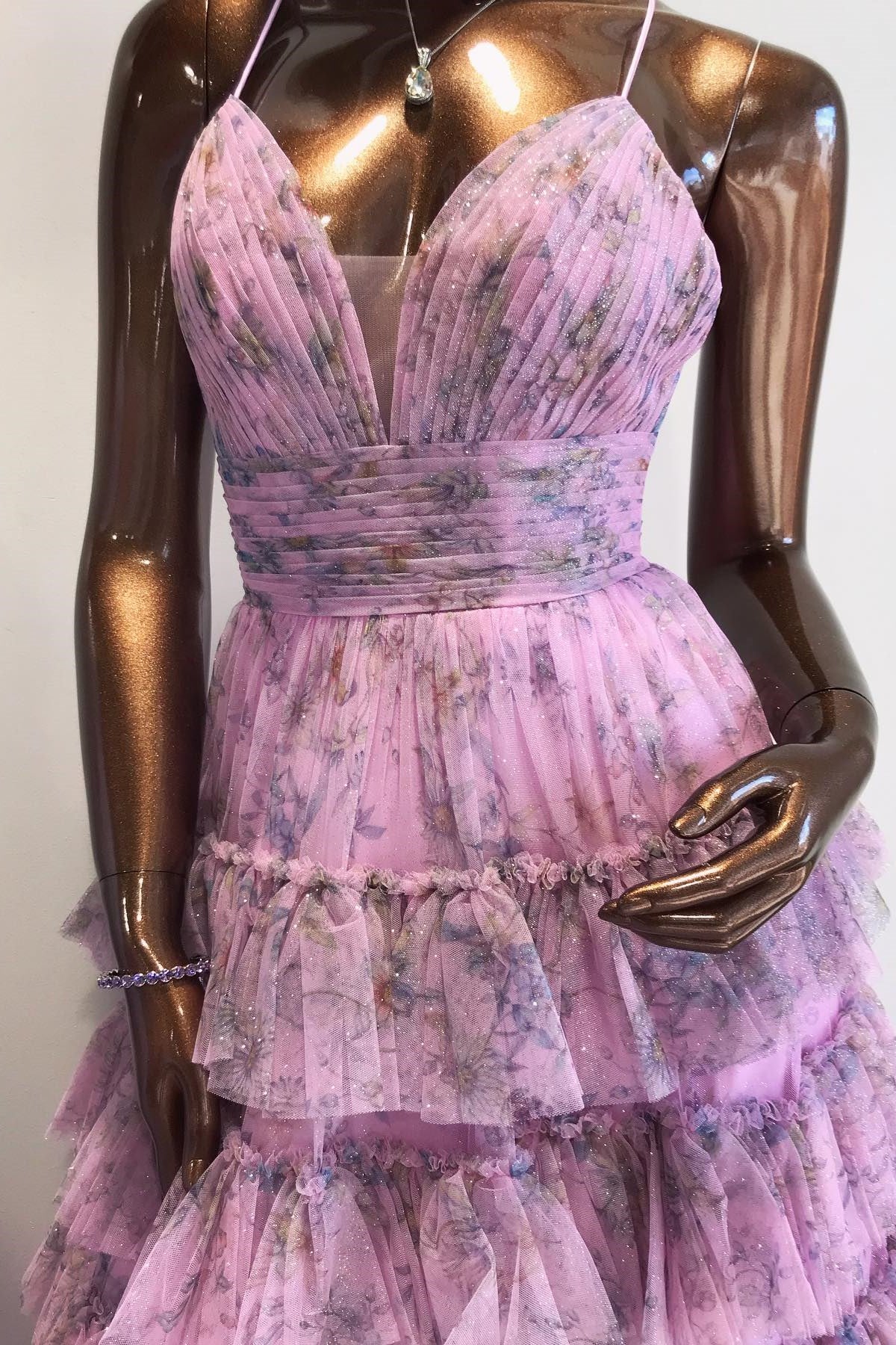 Dressime A Line Spagetti Straps Tulle Floral Print Ruffle Tiered Long Prom Dress dressime