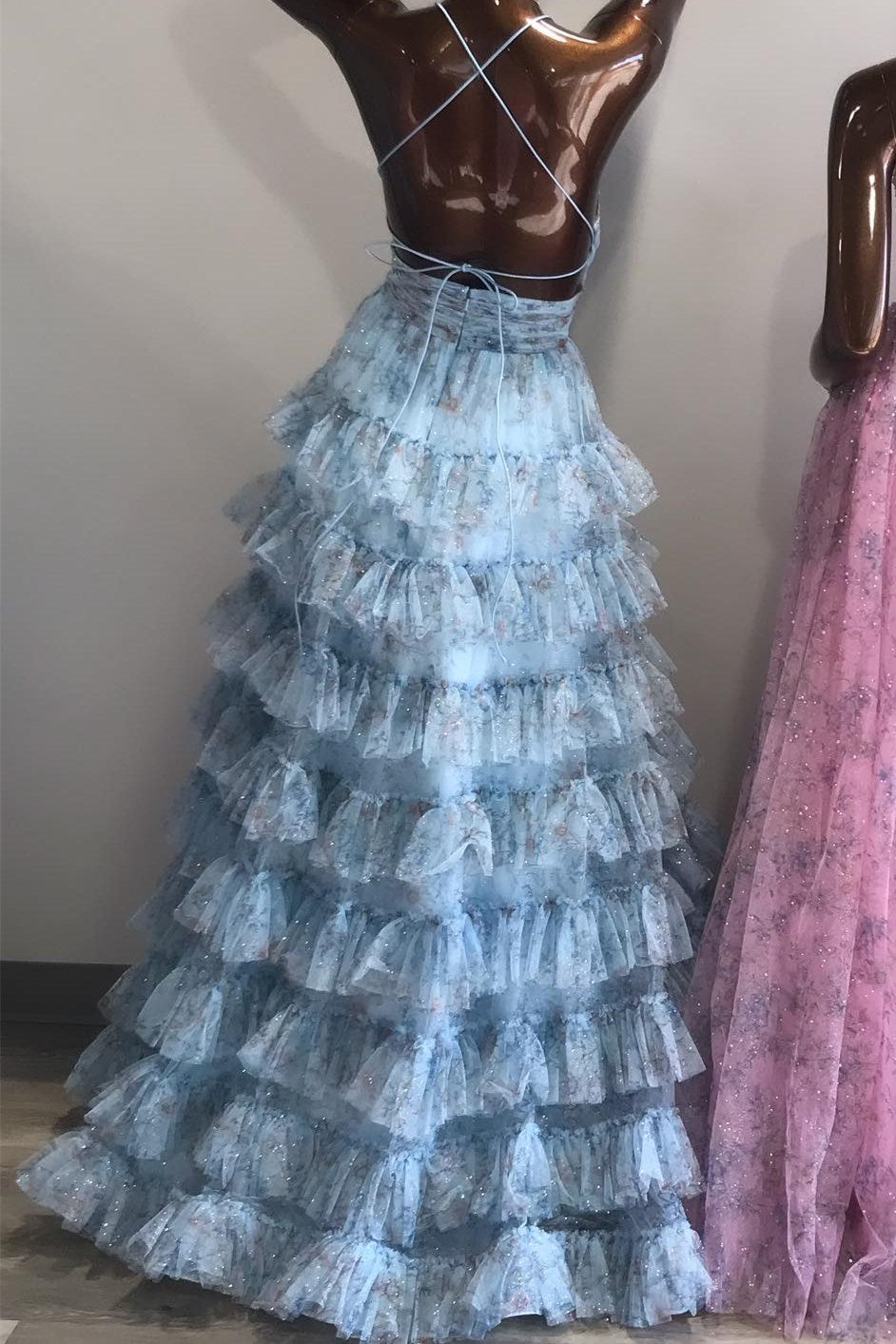 Dressime A Line Spagetti Straps Tulle Floral Print Ruffle Tiered Long Prom Dress dressime