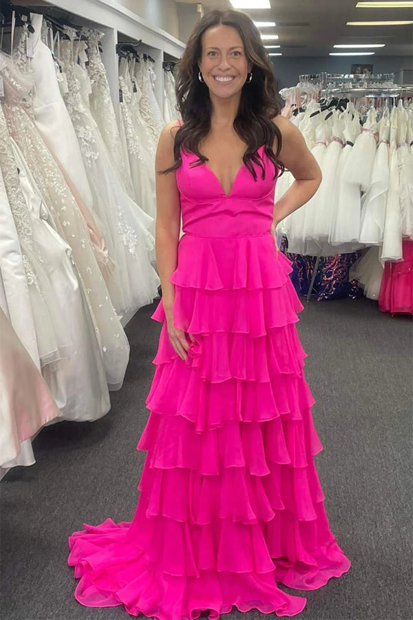 Dressime A Line Spaghetti Straps Chiffon Tiered Long Prom Dress dressime