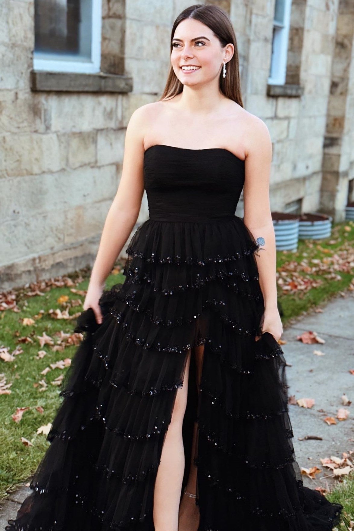 Dressime A Line Strapless Tulle Ruffle Beaded Tiered Long Prom Dress with Slit dressime