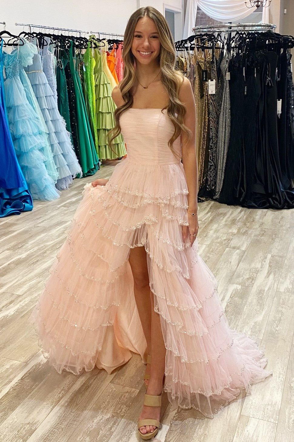Dressime A Line Strapless Tulle Ruffle Beaded Tiered Long Prom Dress with Slit dressime
