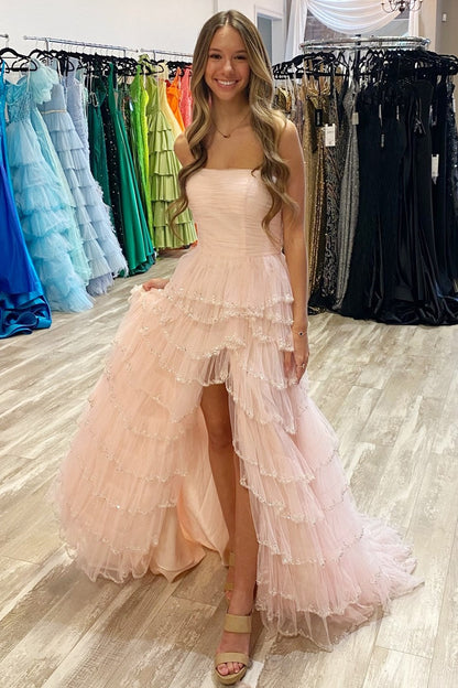 Dressime A Line Strapless Tulle Ruffle Beaded Tiered Long Prom Dress with Slit dressime
