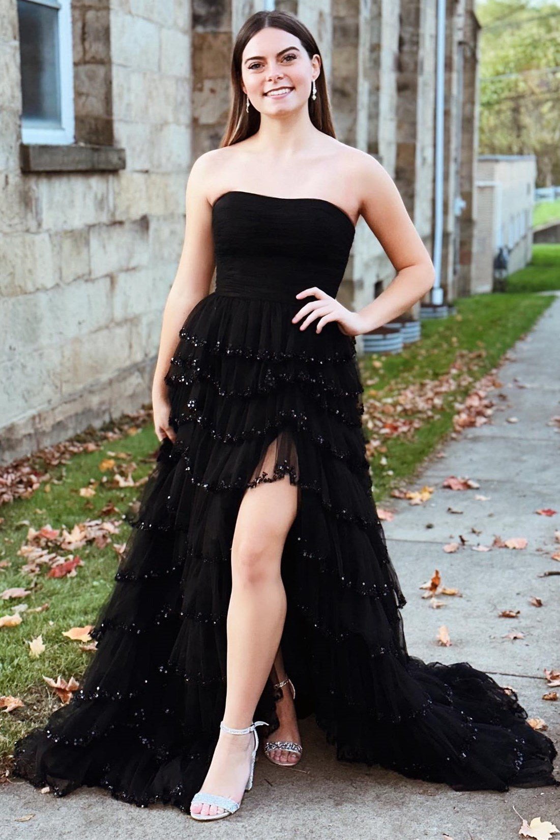 Dressime A Line Strapless Tulle Ruffle Beaded Tiered Long Prom Dress with Slit dressime