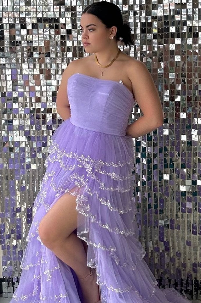 Dressime A Line Strapless Tulle Ruffle Beaded Tiered Long Prom Dress with Slit dressime