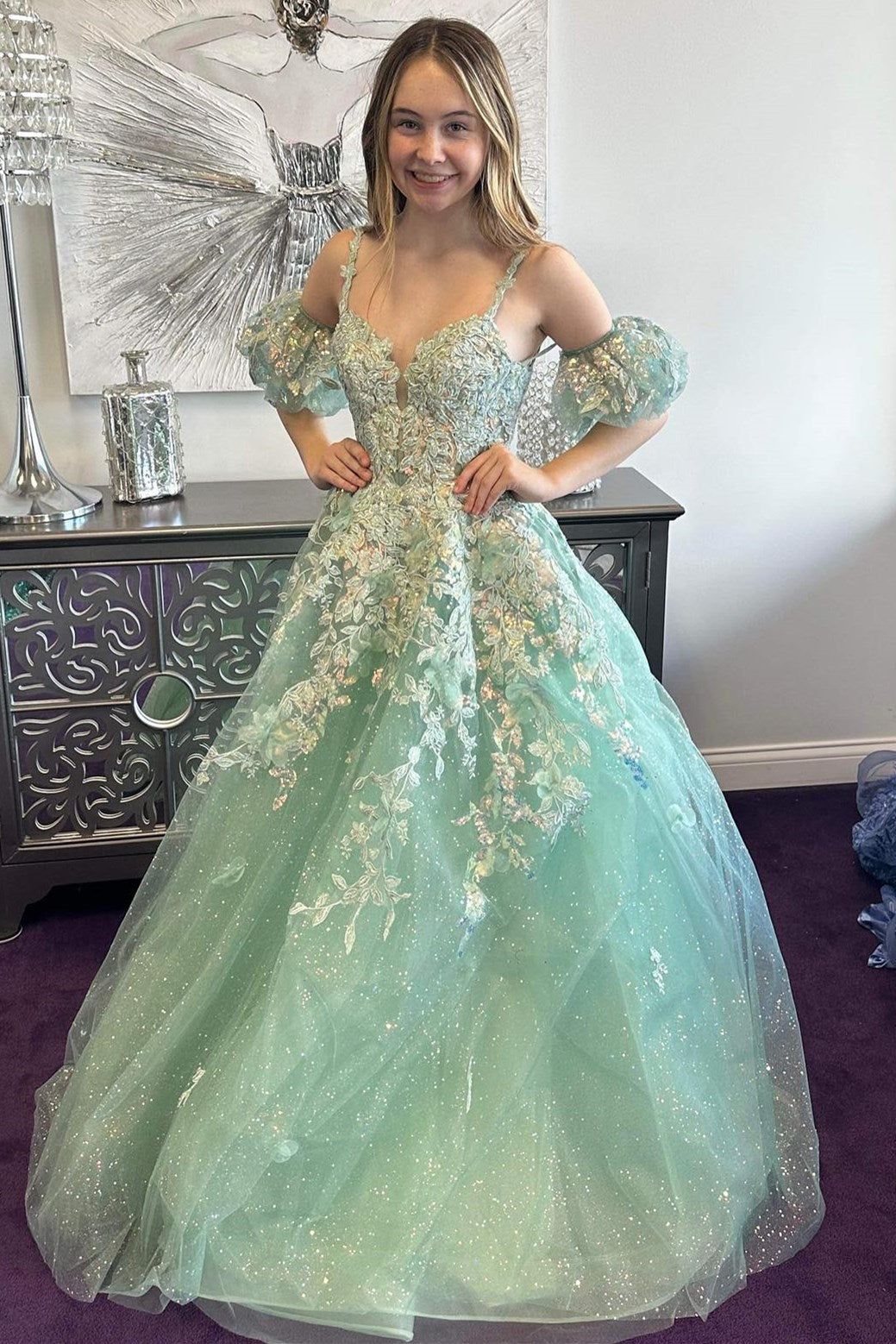 Dressime A-Line Straps Tulle Appliques Plunge V Long Prom Dress with Detachable Sleeves dressime