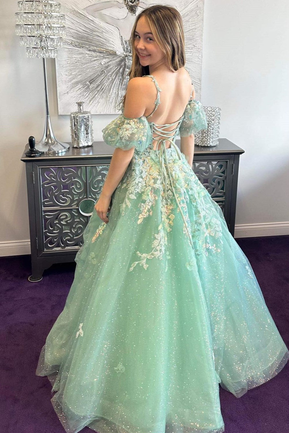 Dressime A-Line Straps Tulle Appliques Plunge V Long Prom Dress with Detachable Sleeves dressime