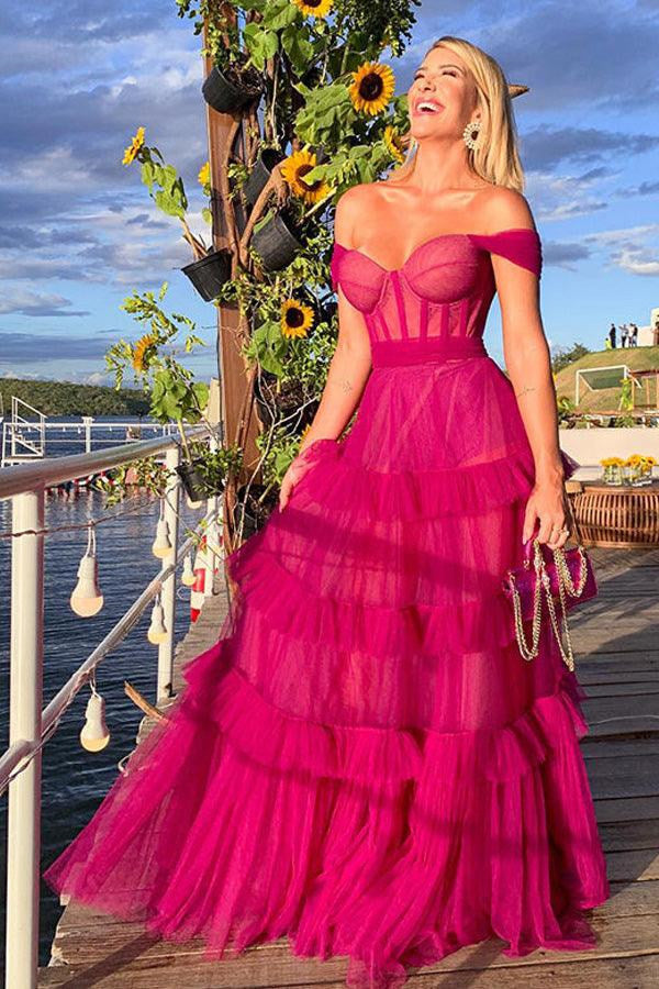 Dressime A Line Straps Tulle Ruffle Tiered Long Prom Dress – dressime