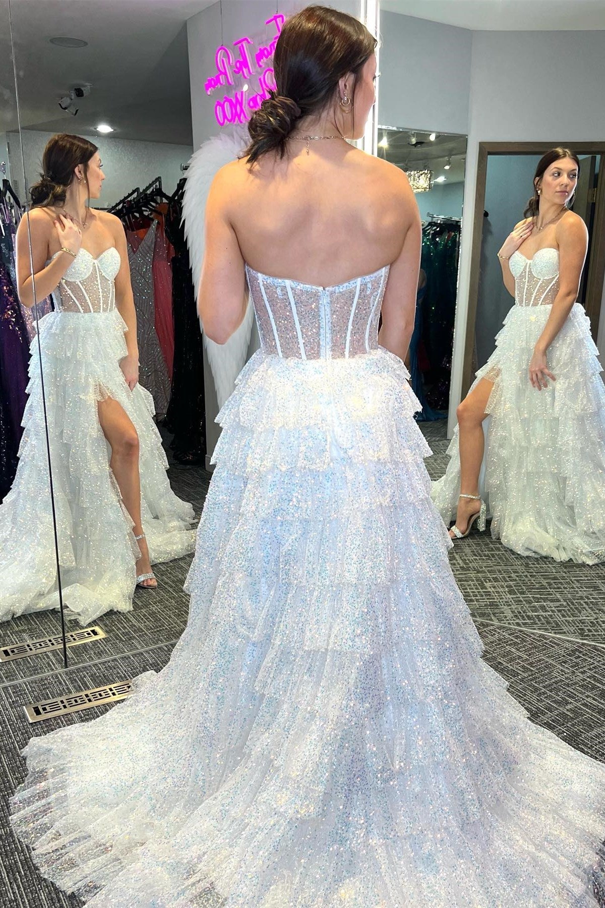 Dressime A Line Sweetheart Tulle Corset Ruffle Tiered Long Prom Dress with Slit dressime