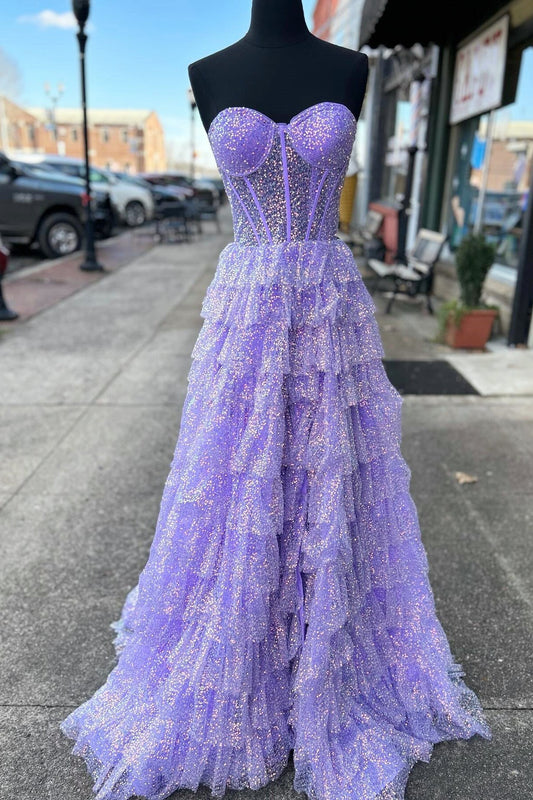 Dressime A Line Sweetheart Tulle Corset Ruffle Tiered Long Prom Dress with Slit dressime