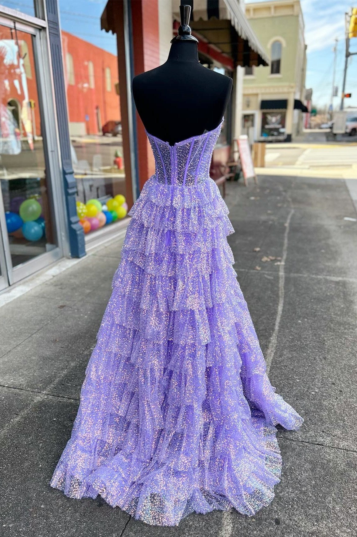Dressime A Line Sweetheart Tulle Corset Ruffle Tiered Long Prom Dress with Slit dressime