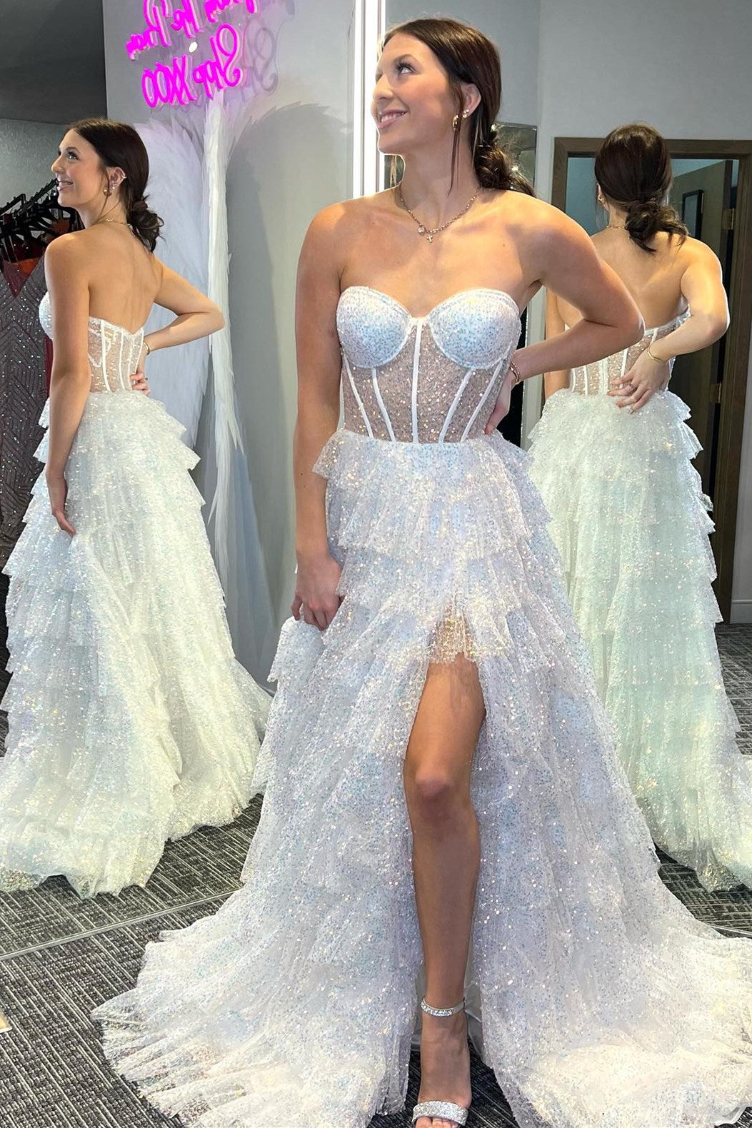 Dressime A Line Sweetheart Tulle Corset Ruffle Tiered Long Prom Dress with Slit dressime