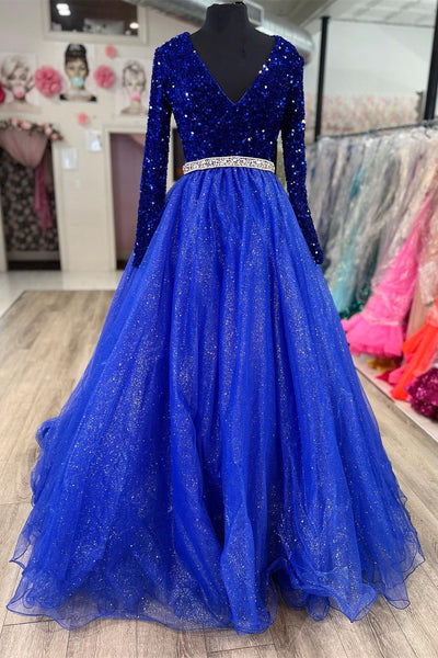 long sleeve prom dresses royal blue Dressime A-Line V Neck Sequin Tulle Long Sleeve Prom Dress – dressime