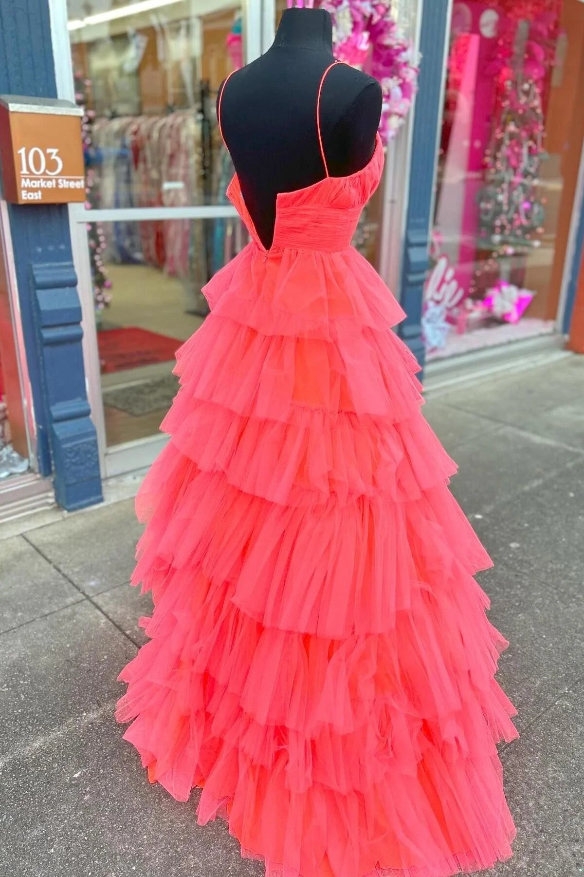 Dressime A Line V Neck Tulle Tiered Plunging Long Prom Dress dressime