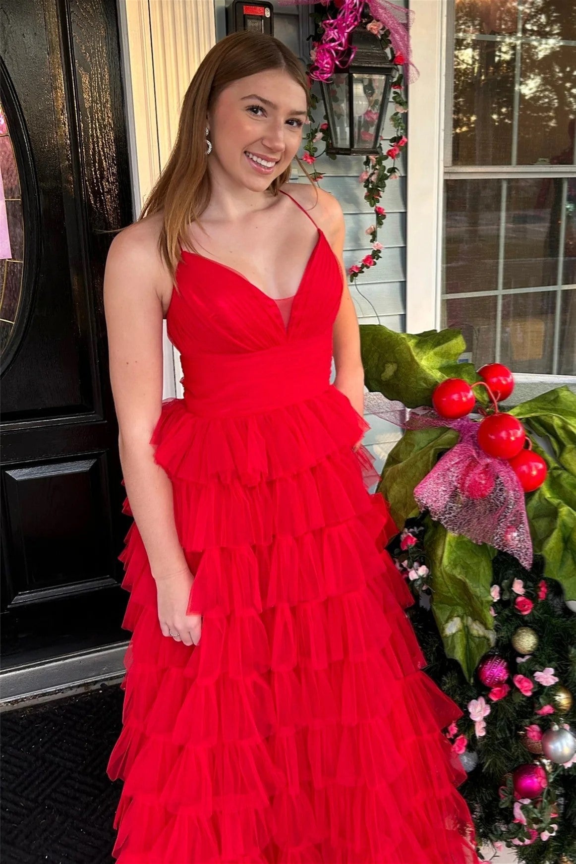 Dressime A Line V Neck Tulle Tiered Plunging Long Prom Dress dressime