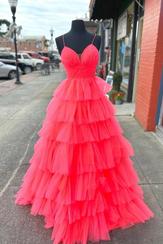 Dressime A Line V Neck Tulle Tiered Plunging Long Prom Dress dressime
