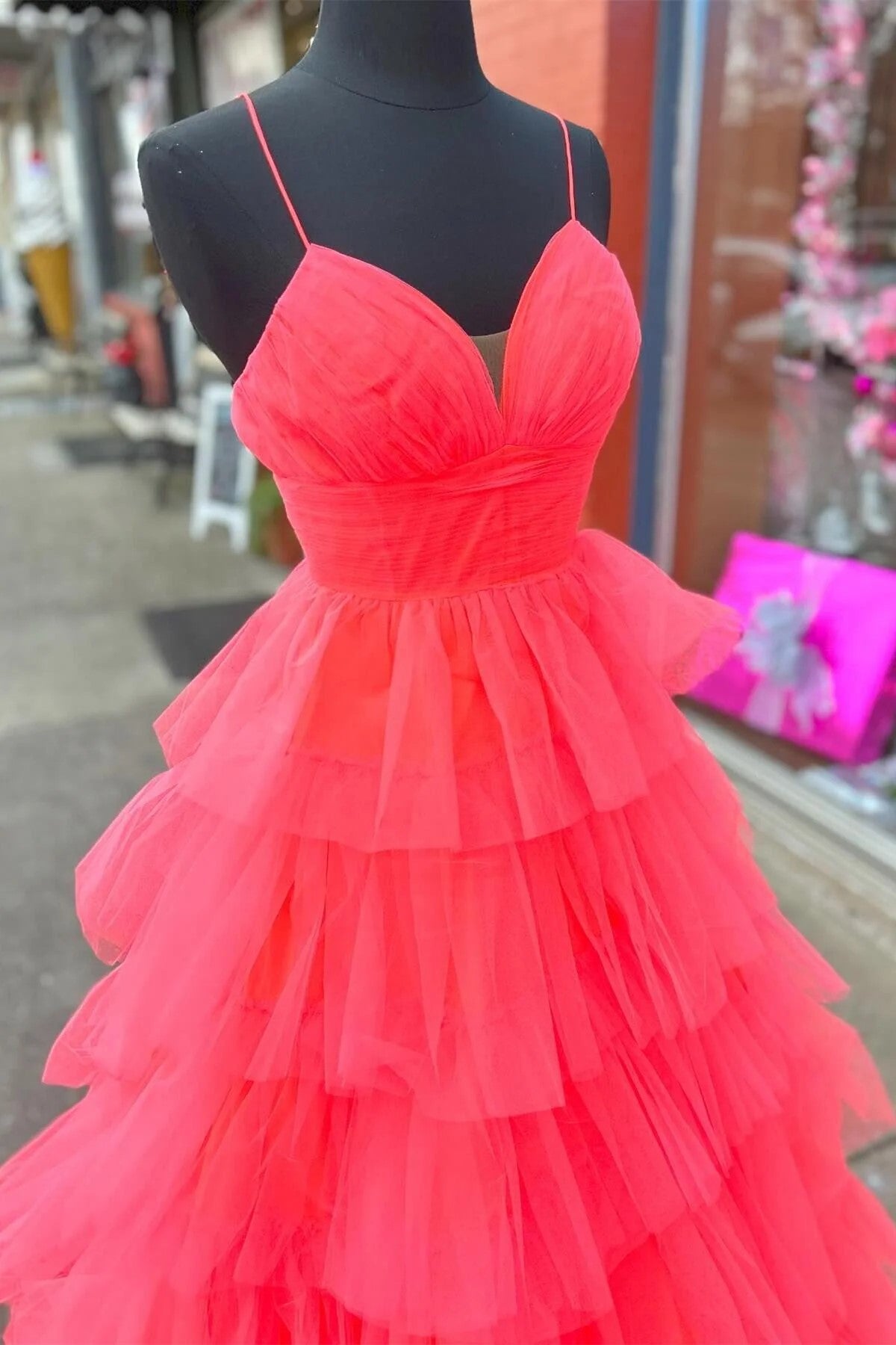 Dressime A Line V Neck Tulle Tiered Plunging Long Prom Dress dressime Dressime A Line V Neck Tulle Tiered Plunging Long Prom Dress dressime