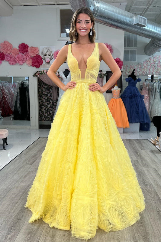 Dressime A-line Plunging V Neck Lace-Up Ruffles Long Prom Dress dressime