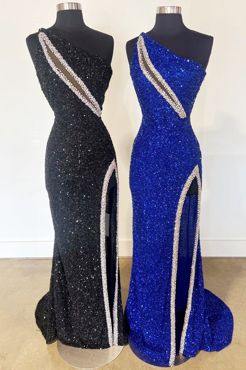 Dressime Mermaid One-Shoulder Sequin Rhinestone Keyhole Long Prom Dress with Slit dressime
