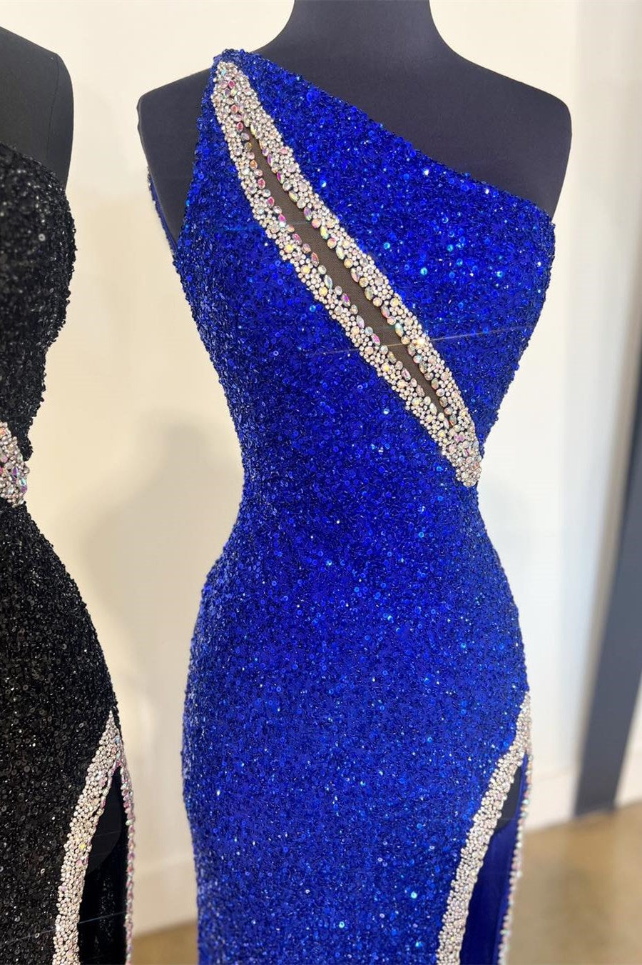 Dressime Mermaid One-Shoulder Sequin Rhinestone Keyhole Long Prom Dress with Slit dressime