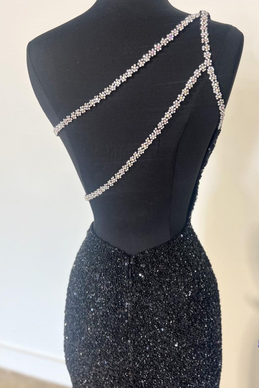 Dressime Mermaid One-Shoulder Sequin Rhinestone Keyhole Long Prom Dress with Slit dressime