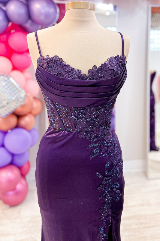 Dressime Mermaid Spaghetti Strap Appliques Long Prom Dress with Slit dressime