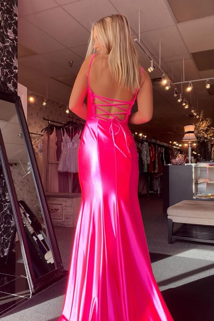 Dressime Mermaid Spaghetti Straps Satin Slit Long Prom Dresses dressime