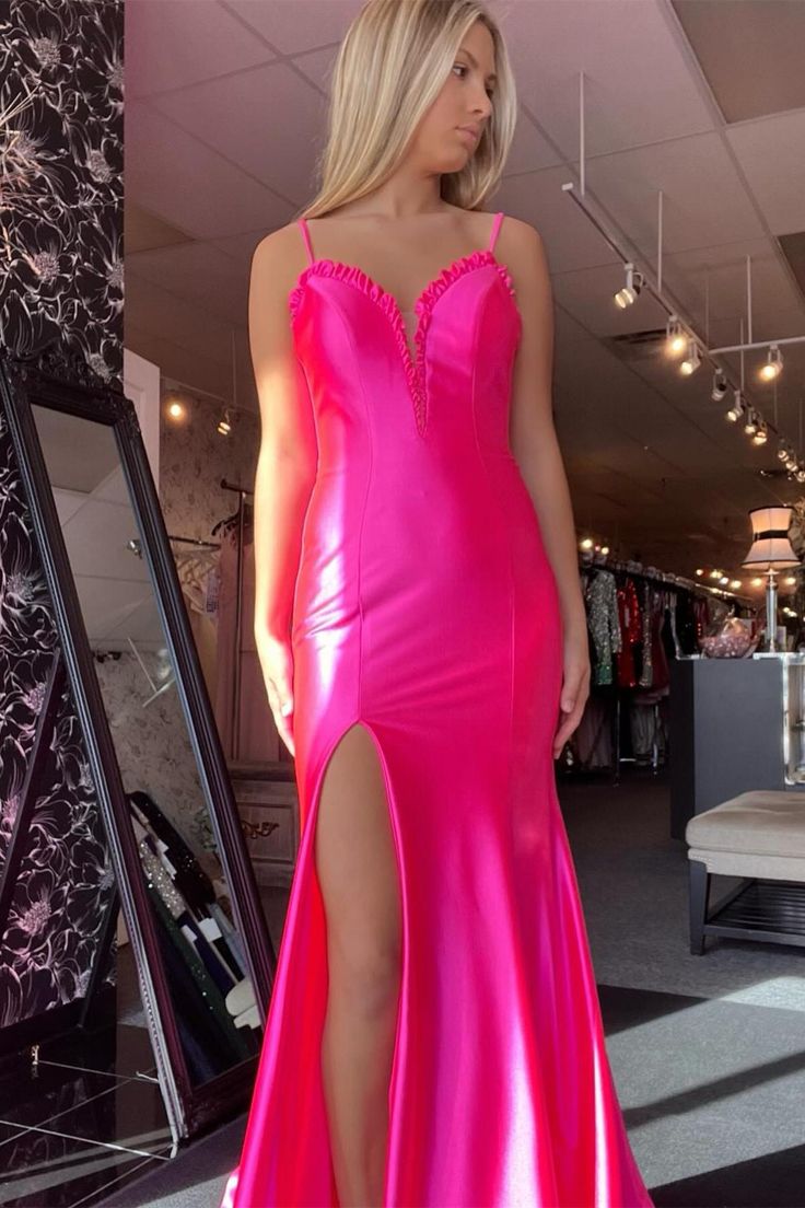 Dressime Mermaid Spaghetti Straps Satin Slit Long Prom Dresses dressime