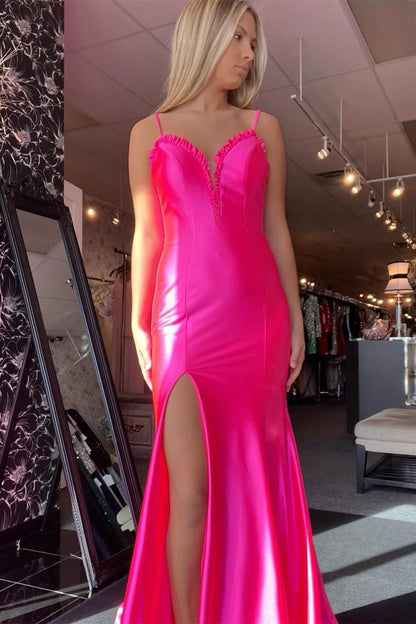 Dressime Mermaid Spaghetti Straps Satin Slit Long Prom Dresses dressime