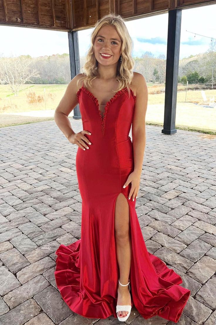Dressime Mermaid Spaghetti Straps Satin Slit Long Prom Dresses dressime