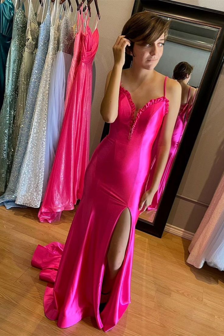 Dressime Mermaid Spaghetti Straps Satin Slit Long Prom Dresses dressime