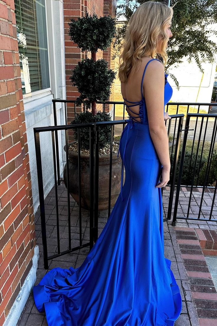 Dressime Mermaid Spaghetti Straps Satin Slit Long Prom Dresses dressime