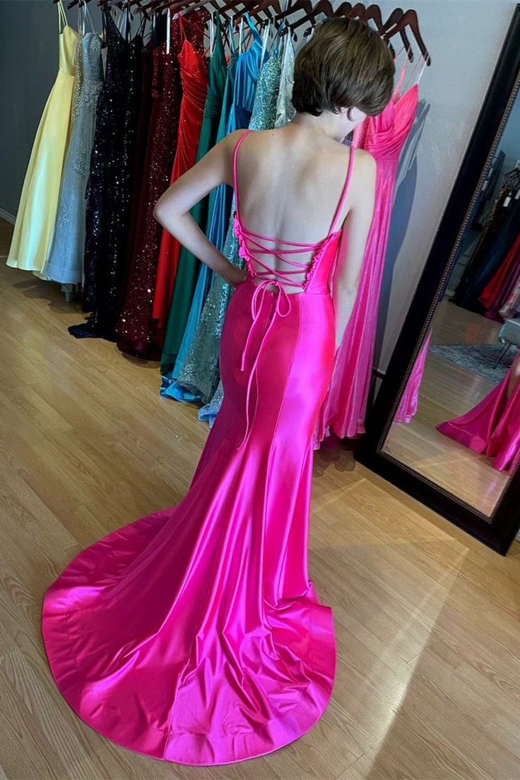 Dressime Mermaid Spaghetti Straps Satin Slit Long Prom Dresses dressime