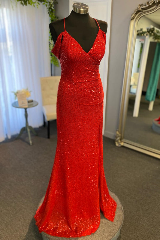 Dressime Mermaid Spaghetti Straps Sequin Slit Long Prom Dress dressime