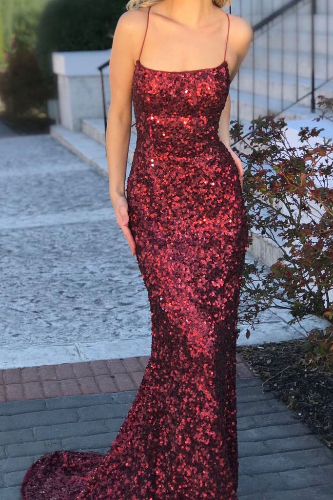 Dressime Mermaid Spaghetti Straps Sequins Lace Up Prom Dress dressime