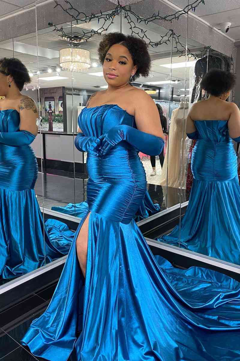 Dressime Mermaid Strapless Satin Pleated Slit Long Prom Dress with Golves dressime