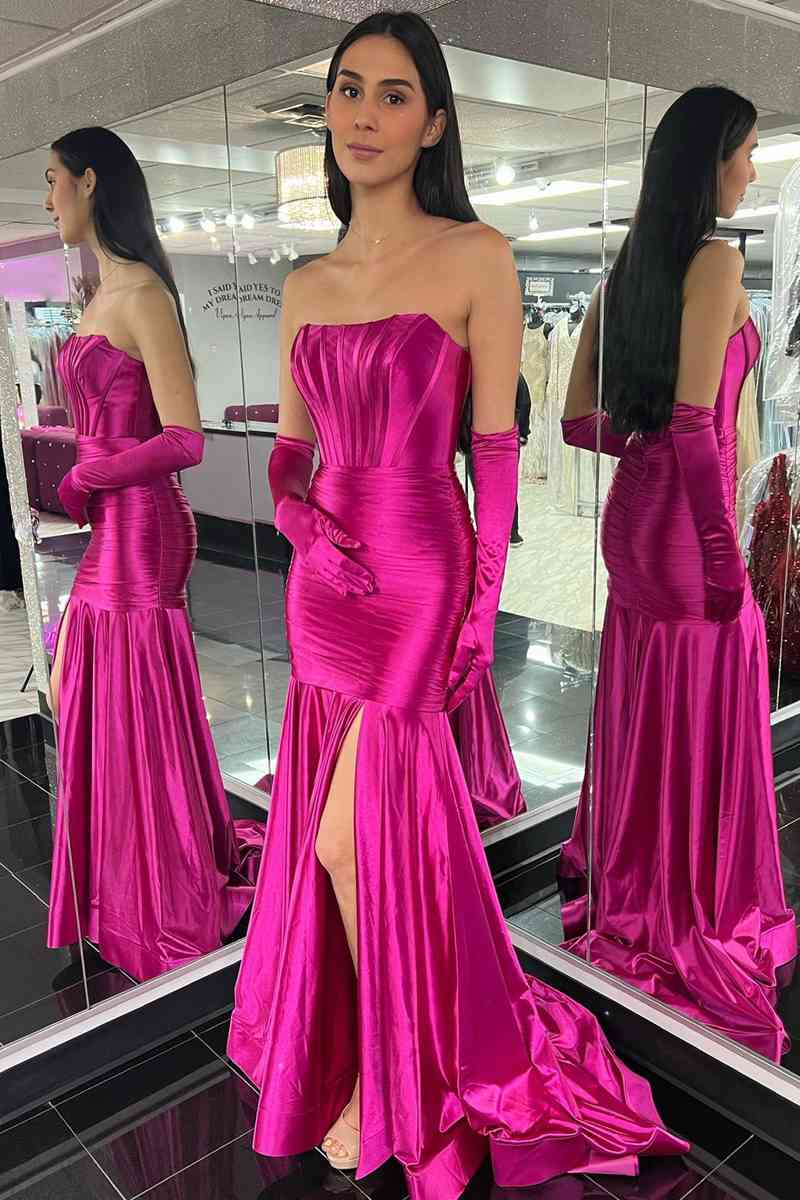 Dressime Mermaid Strapless Satin Pleated Slit Long Prom Dress with Golves dressime