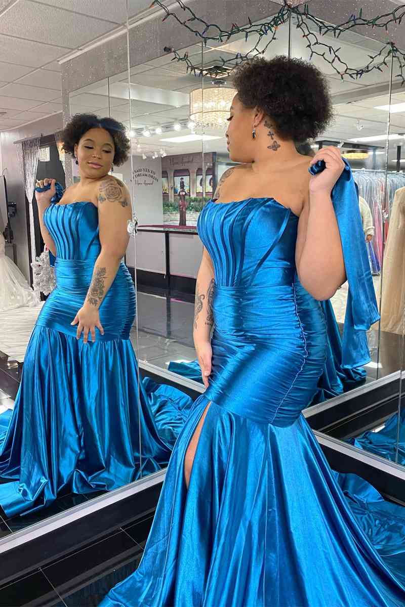 Dressime Mermaid Strapless Satin Pleated Slit Long Prom Dress with Golves dressime